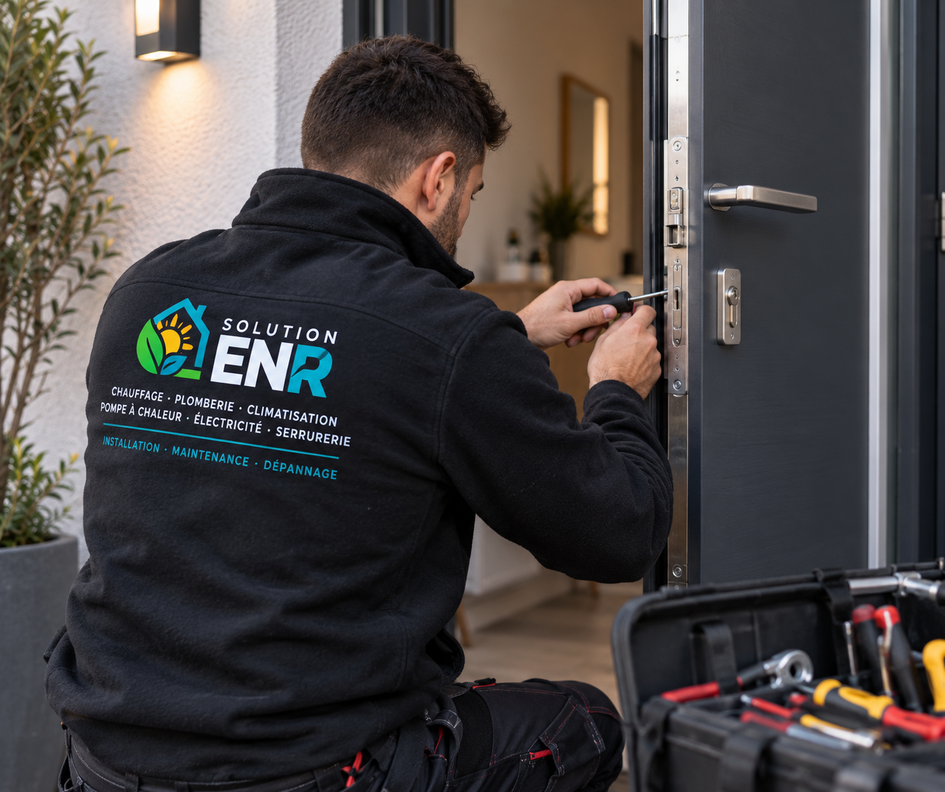 Technicien SOLUTION ENR intervenant sur la serrure d'une porte d'entrée