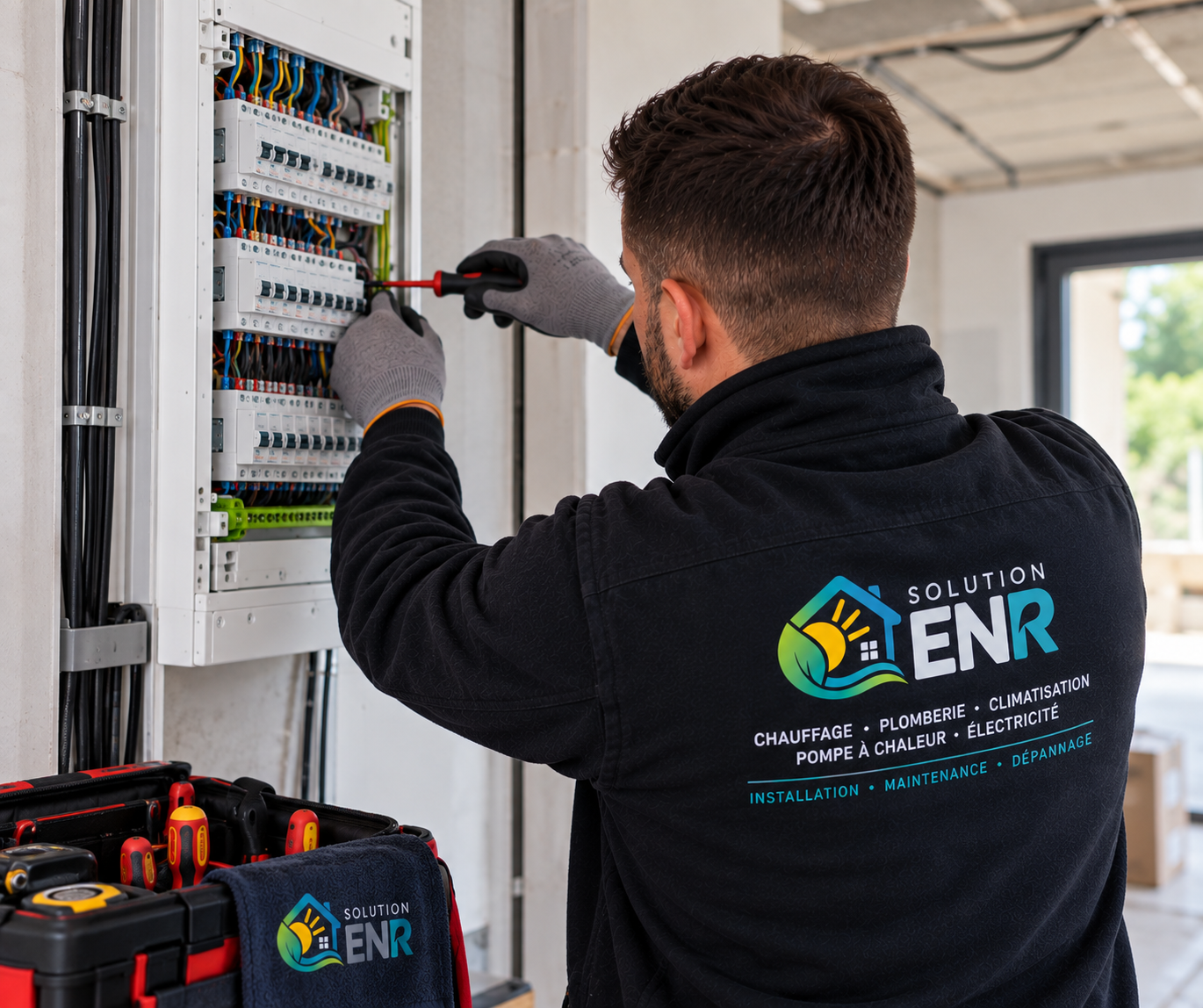 Technicien SOLUTION ENR travaillant sur un tableau électrique
